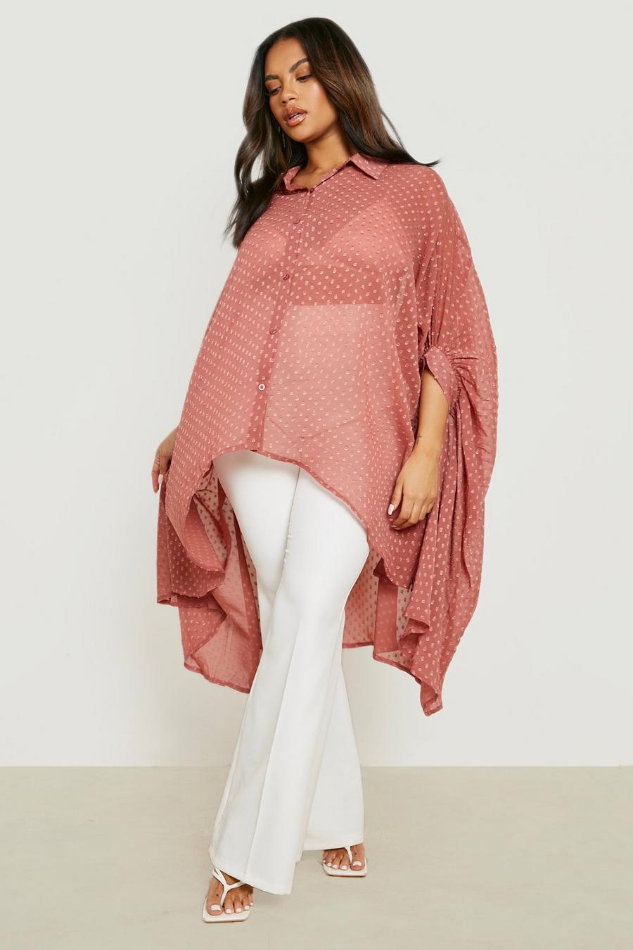 Camicia maxi Plus Size oversize in rete plumatis di chiffon, Blush rosa