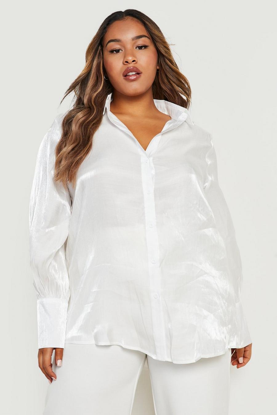 White Plus Shimmer Oversized Puff Sleeve Shirt image number 1