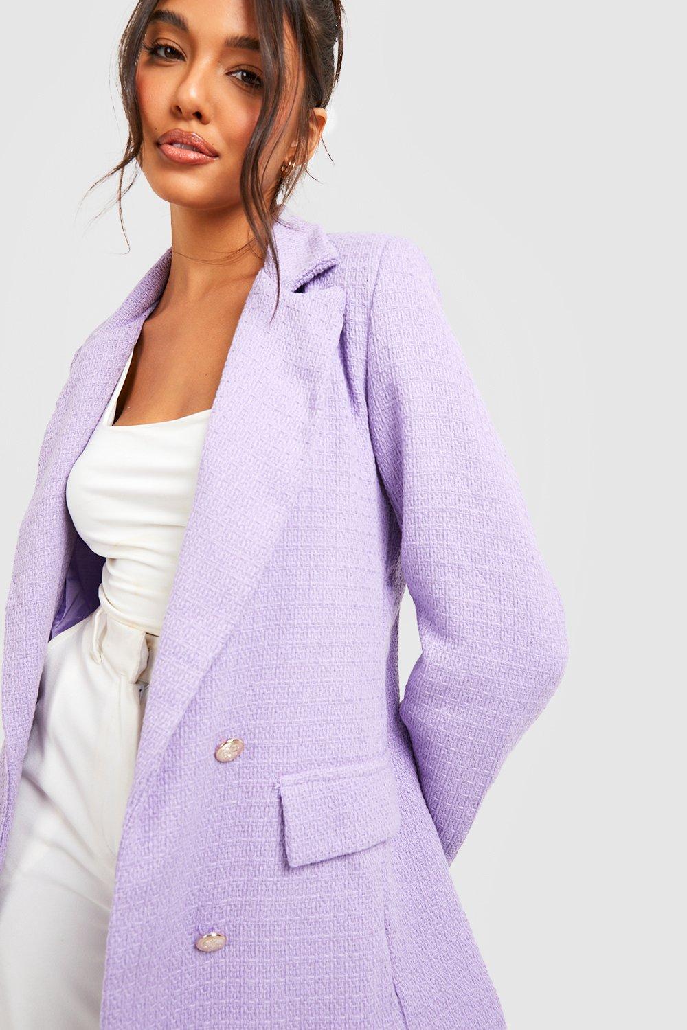 sport coats and suit jackets Boohoo Cotton Premium Boucle Double Breasted Blazer in Lilac Purple Womens Clothing Jackets Blazers 
