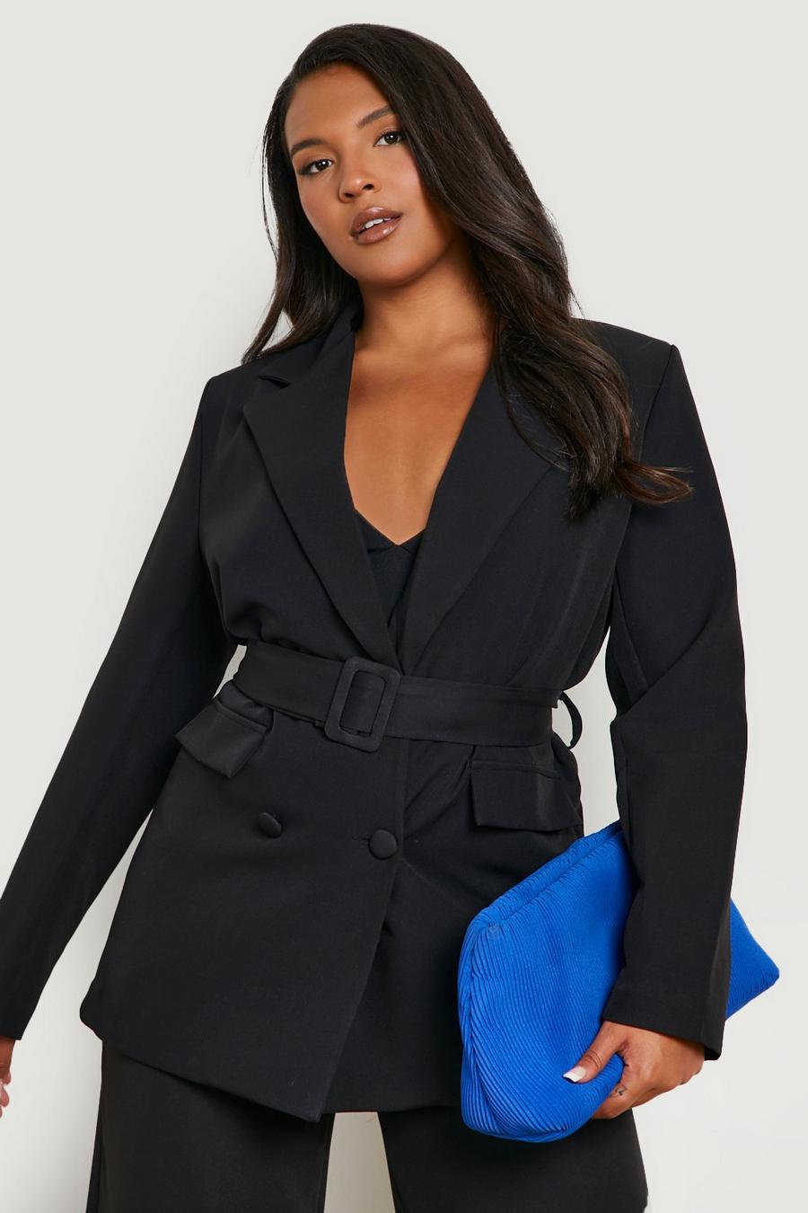 Black Plus Woven Double Breasted Belted Blazer image number 1