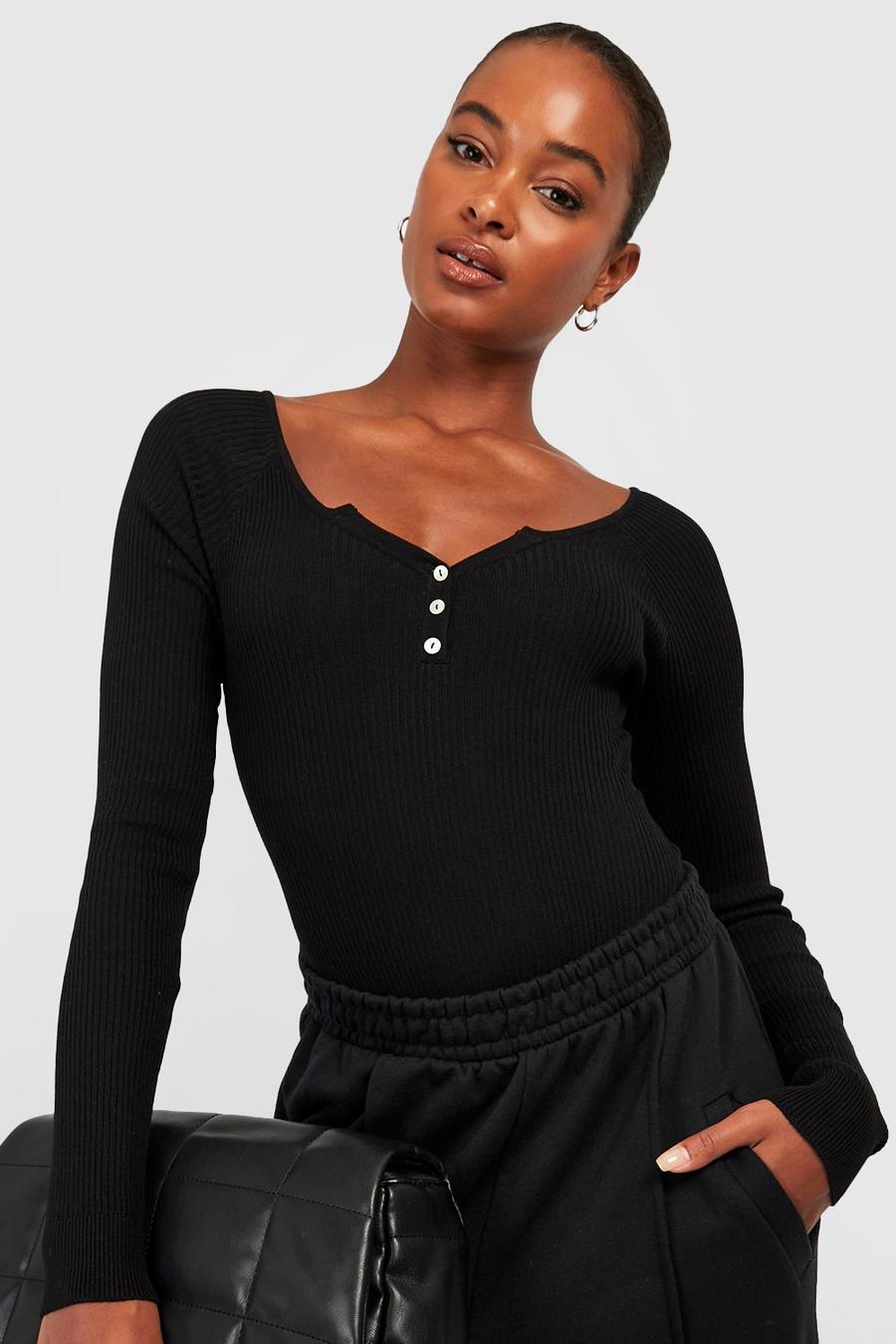 Black Tall V Knitted Bodysuit With Button Detail image number 1