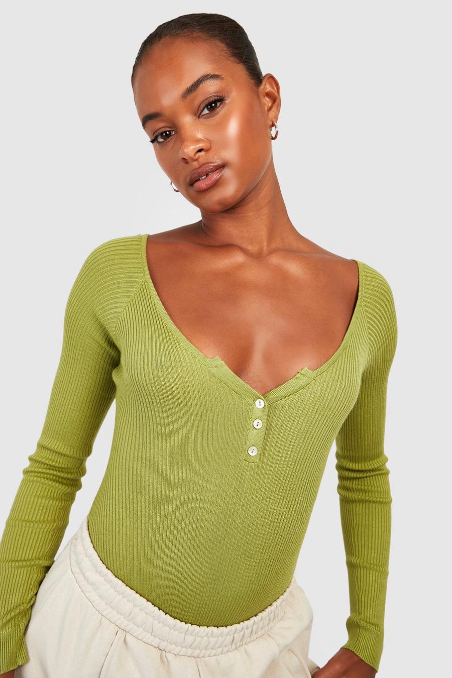 Khaki Tall V Knitted Bodysuit With Button Detail image number 1