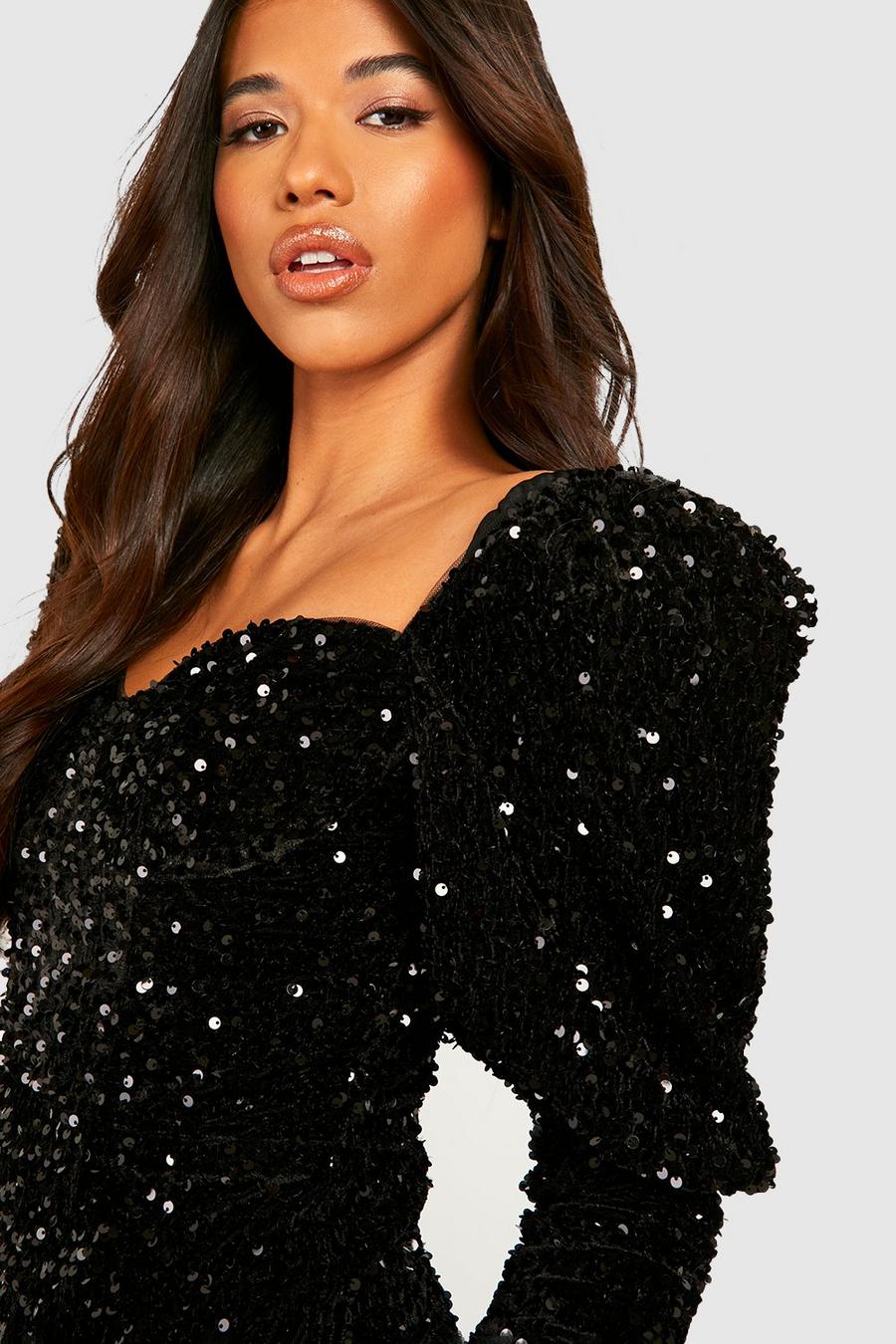 Black Tall Puff Sleeve Velvet Sequin Dress image number 1