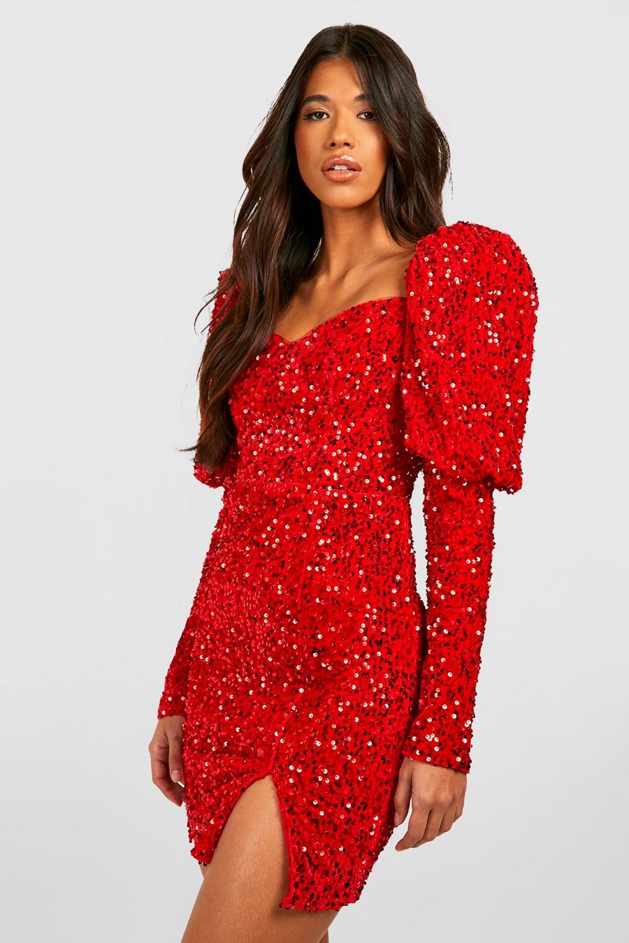Red Tall Puff Sleeve Velvet Sequin Dress image number 1