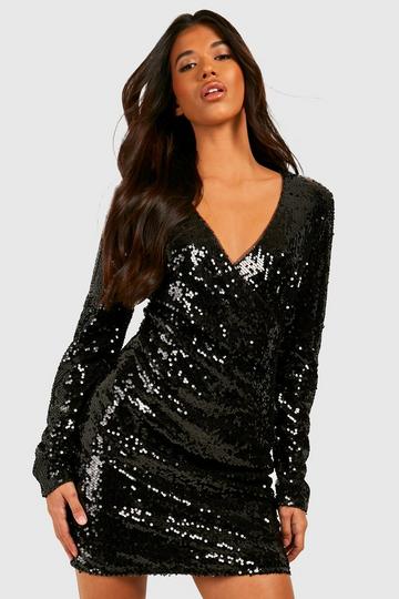 Tall Wrap Over Sequin Dress black