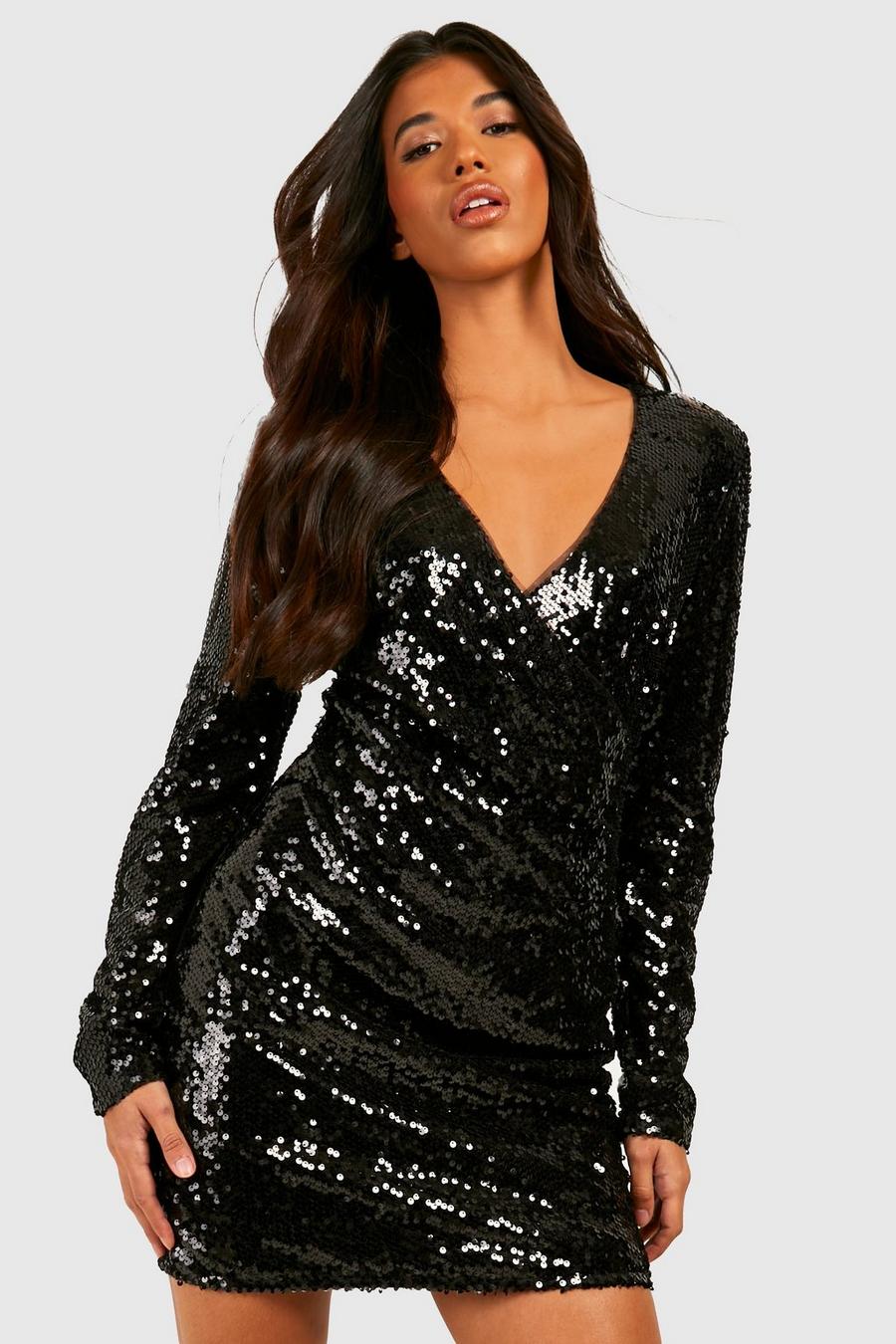 Black Tall Wrap Over Sequin Dress image number 1