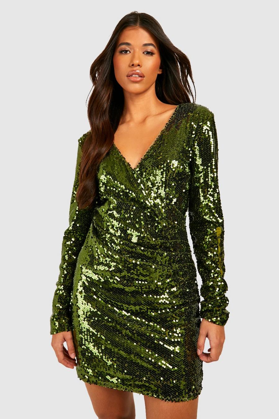 Green Tall Wrap Over Sequin Dress image number 1