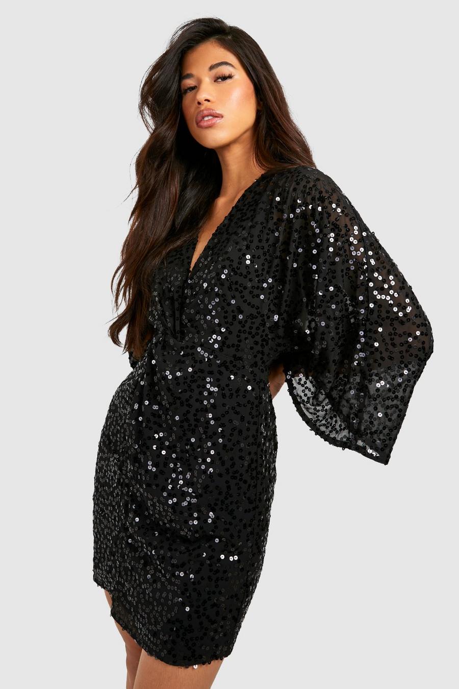 Black Tall Angel Sleeve Knot Front Sequin Dress image number 1
