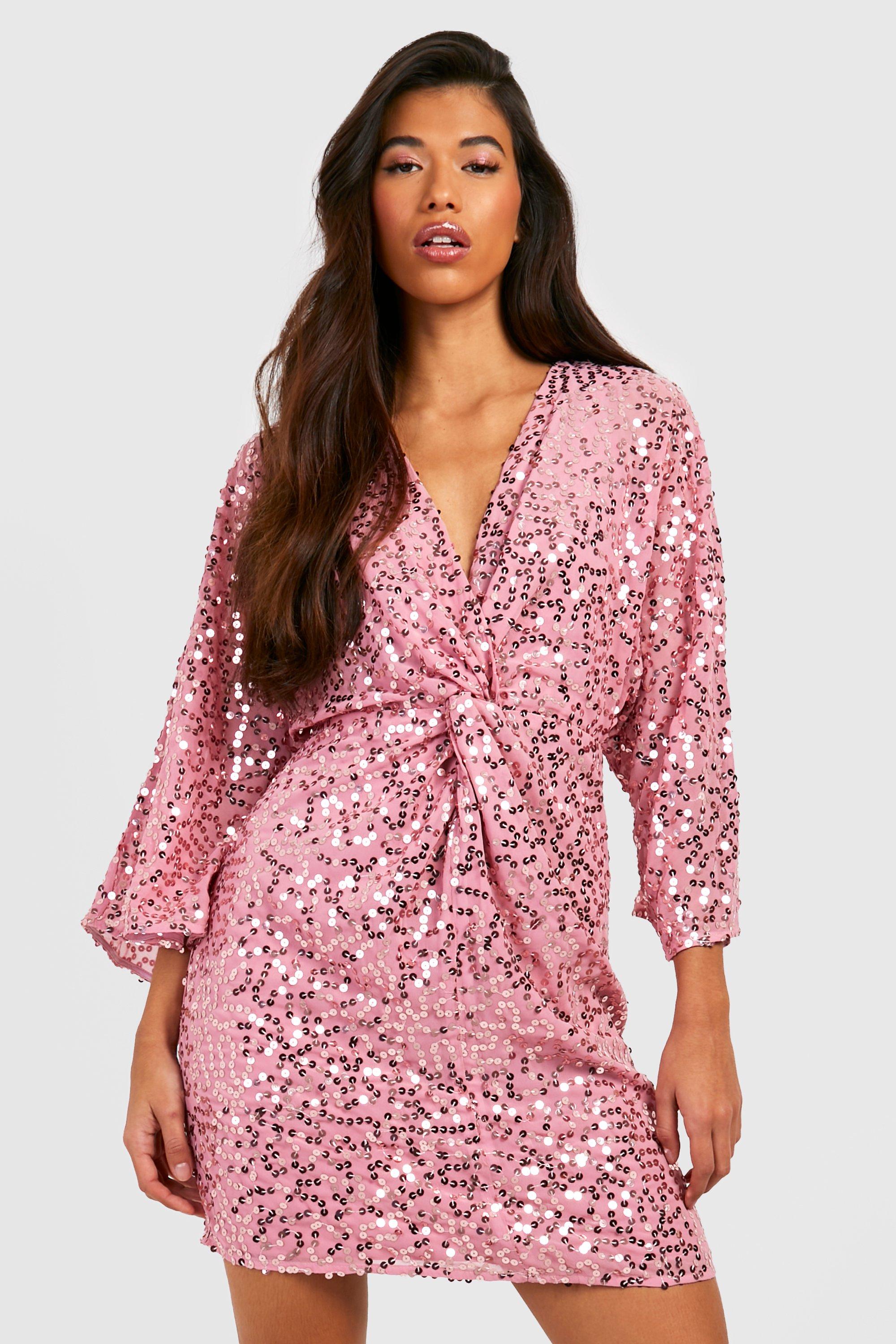 Tall Angel Sleeve Tie Front Sequin Dress | boohoo USA