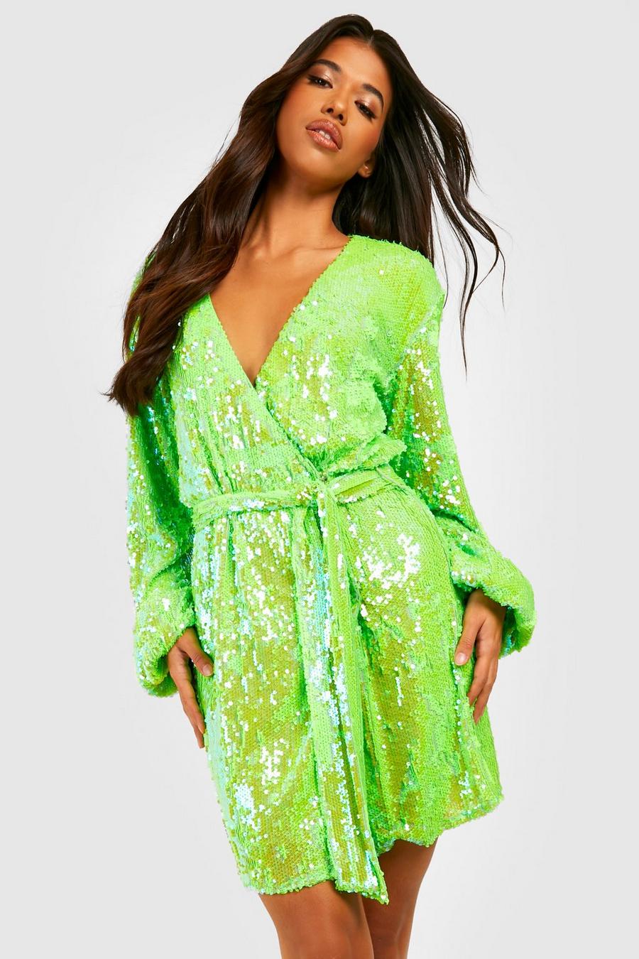 Bright green Tall Bright Wrap Over Sequin Dress image number 1