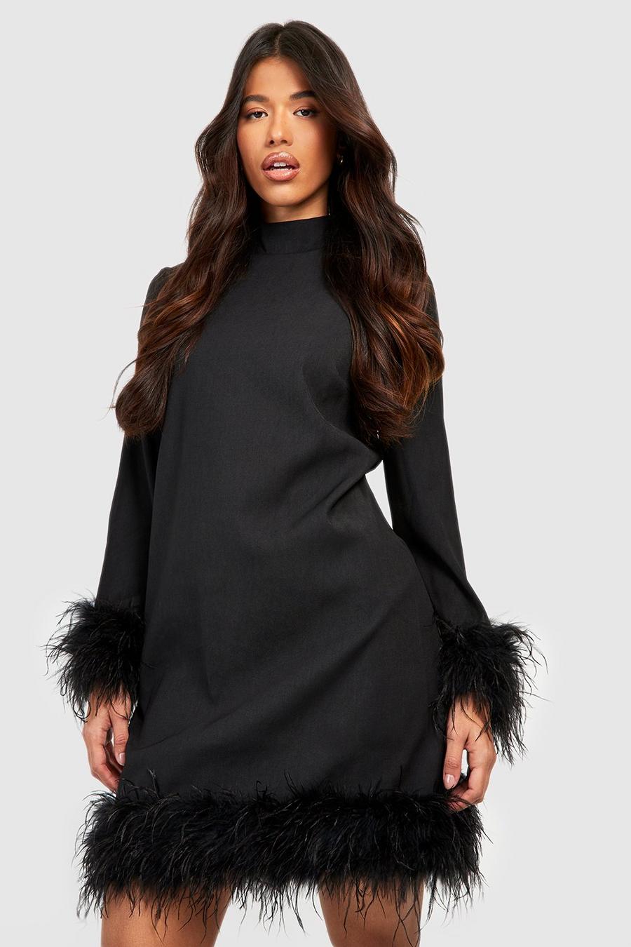 Black Tall Feather Hem And Cuff High Neck Dress Tour image number 1