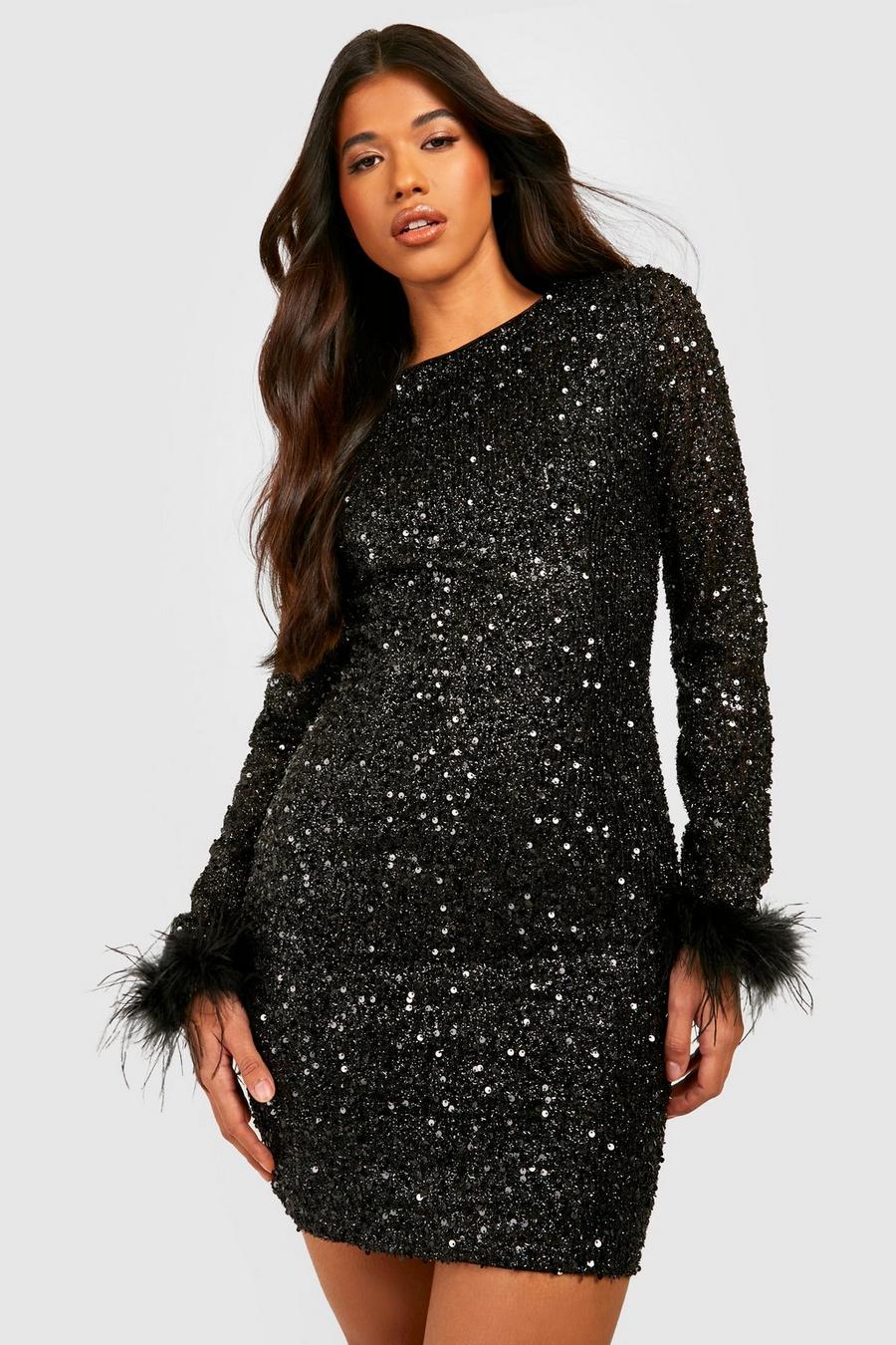 Black Tall Sequin Feather Cuff Bodycon Dress image number 1