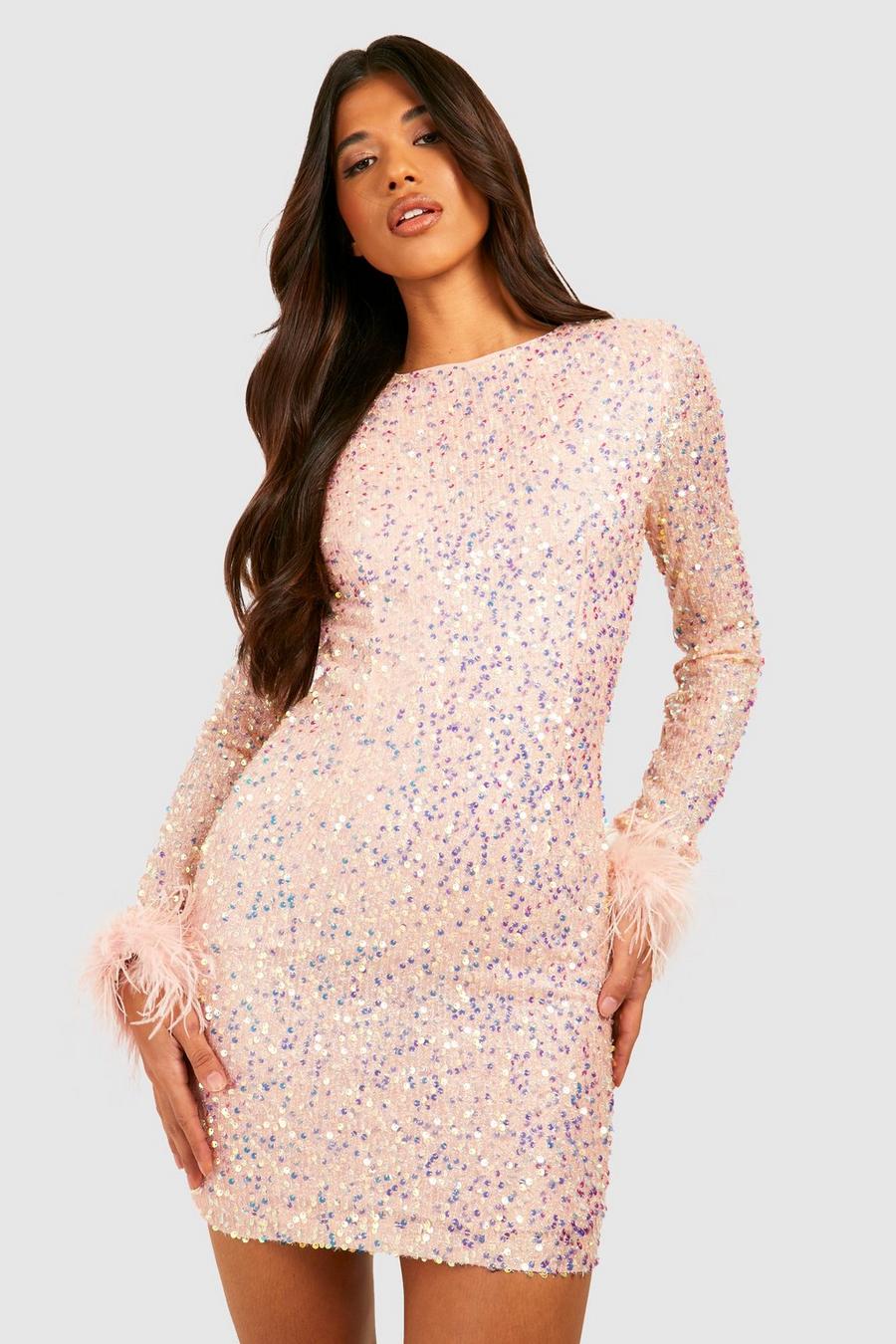Pink Tall Sequin Feather Cuff Bodycon Dress