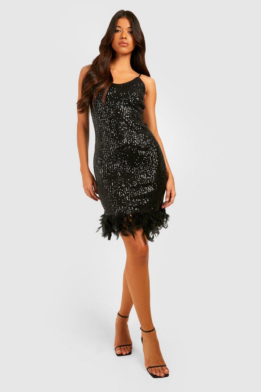 Black Tall Sequin Feather Trim Strappy Dress image number 1
