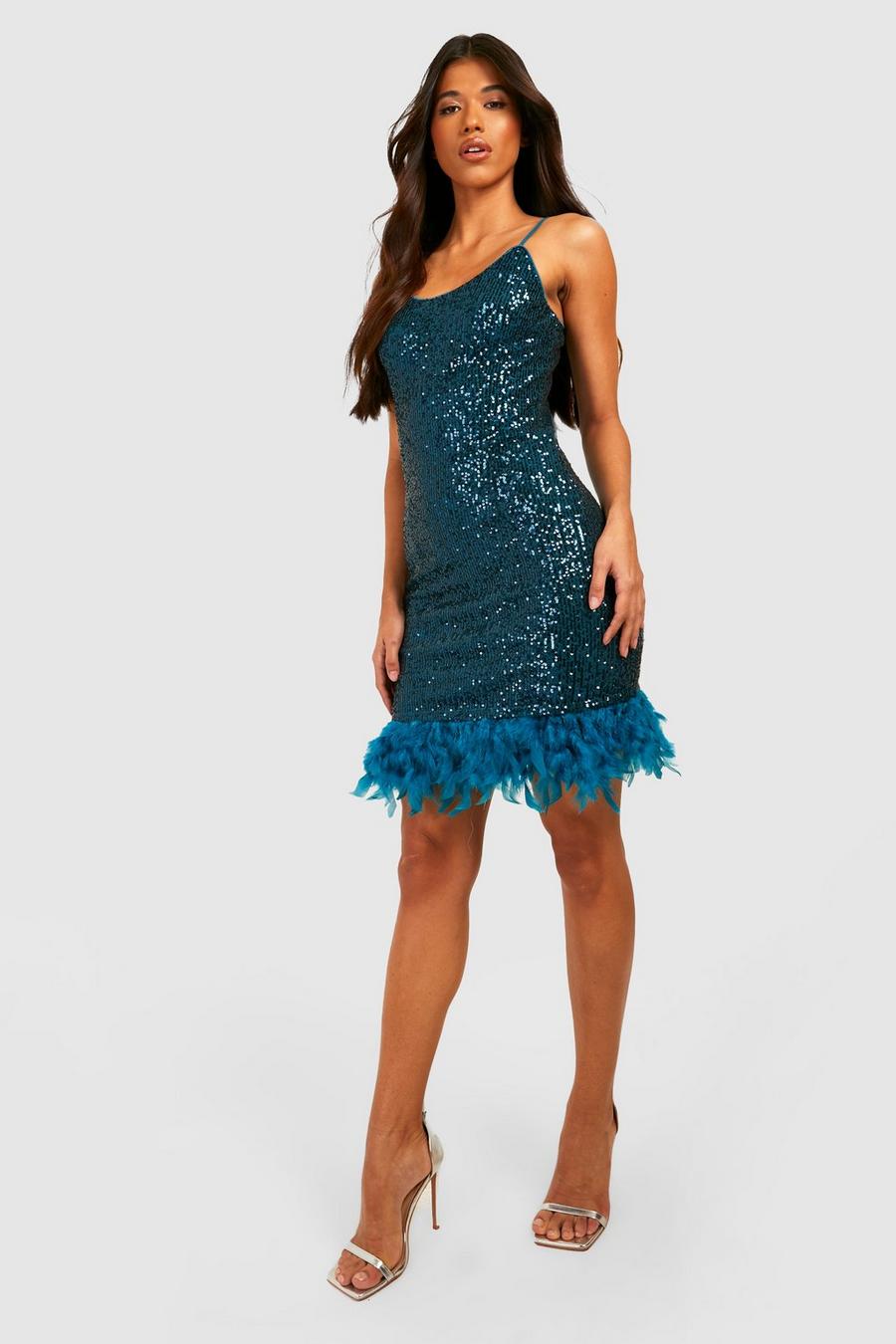 Teal Tall Sequin Feather Trim Strappy Dress image number 1