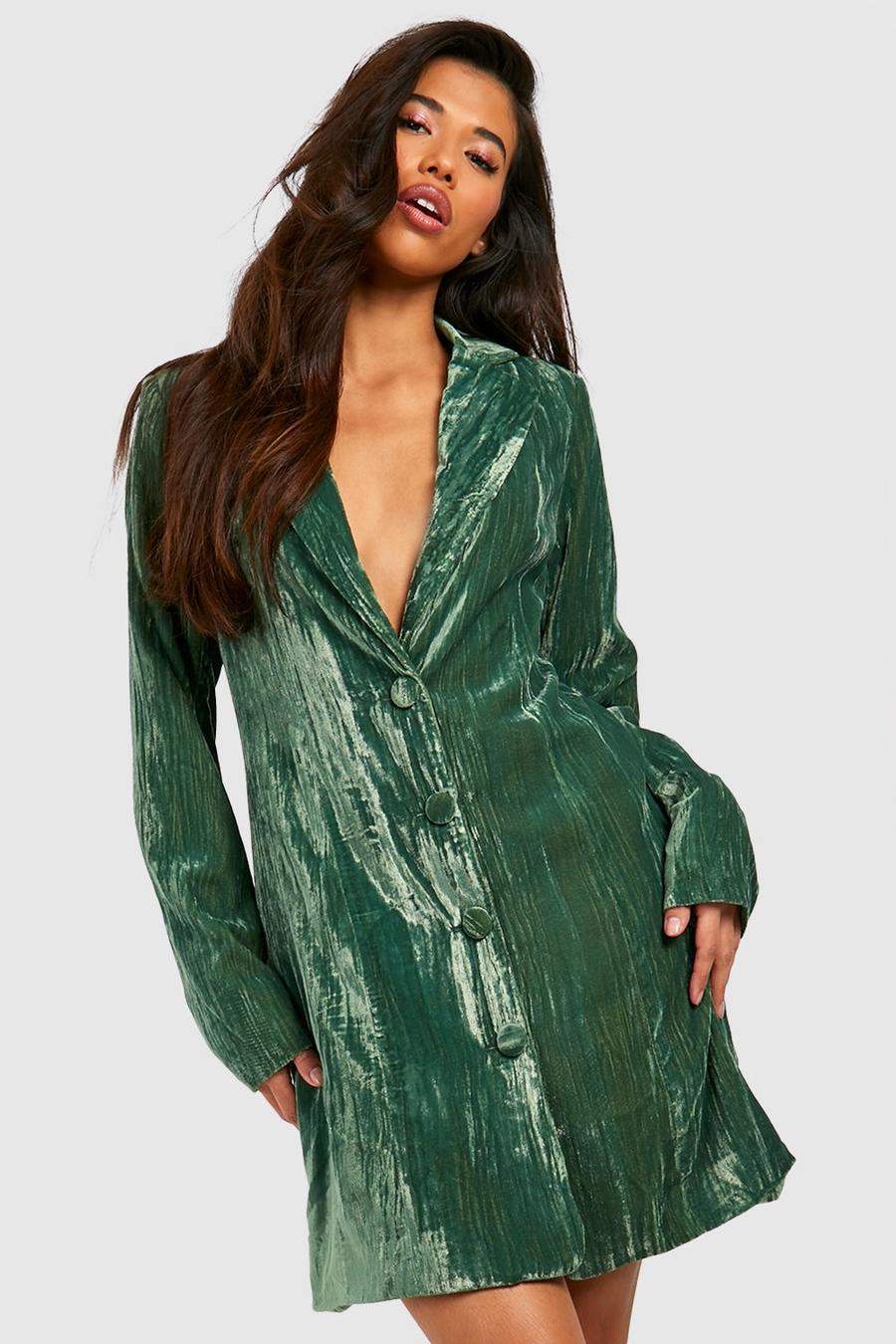 Olive grön Tall Crinkle Velvet Blazer Dress image number 1