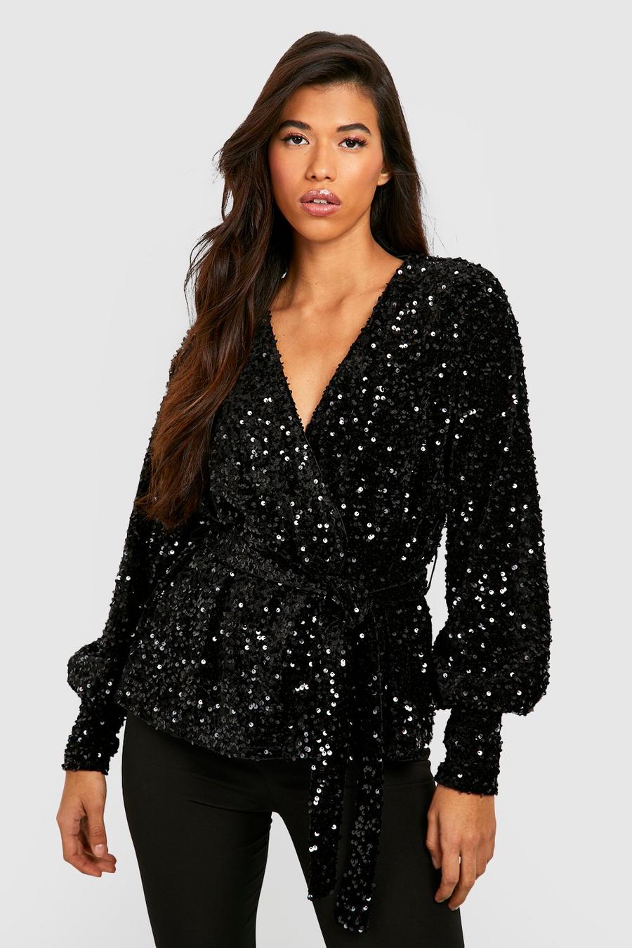Top scaldacuore Tall in velluto con paillettes, Black image number 1