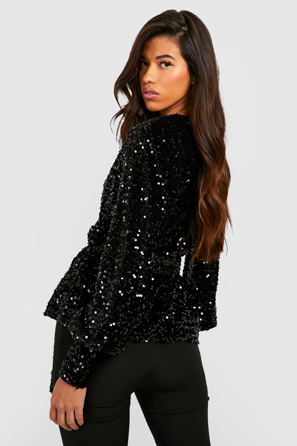 Black sequin best sale wrap top