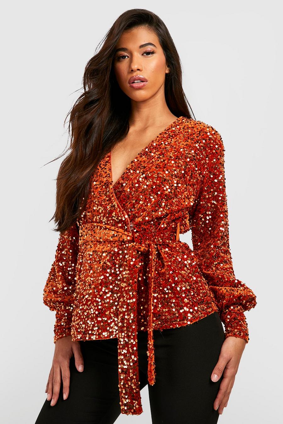 Top scaldacuore Tall in velluto con paillettes, Burnt orange image number 1