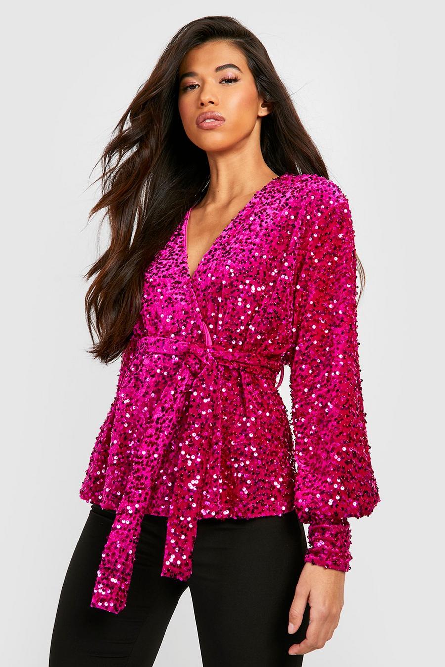 Hot pink Tall Sequin Velvet Wrap Top  image number 1