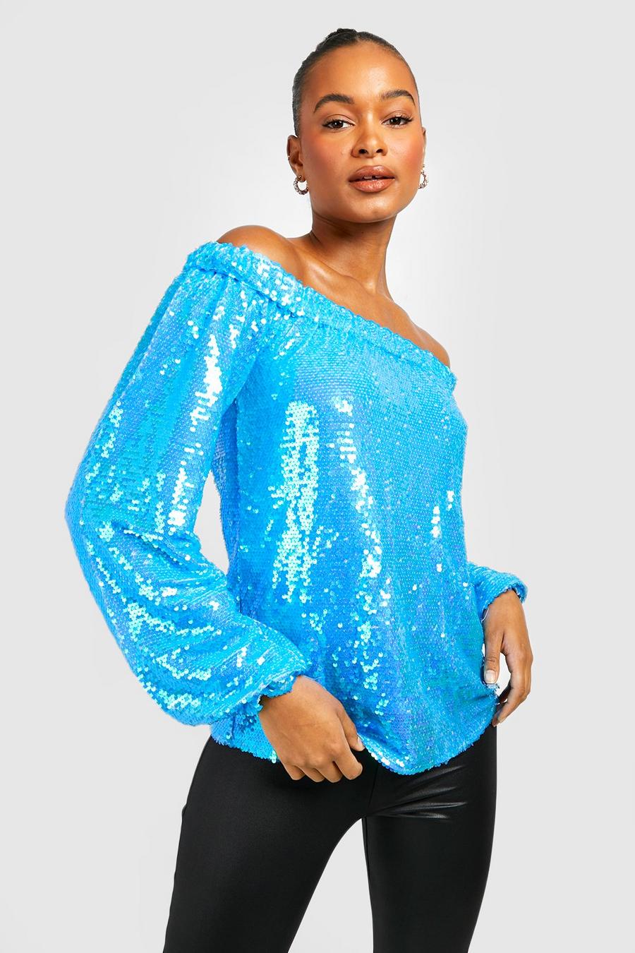 Bright blue Tall Off The Shoulder Bright Sequin Top