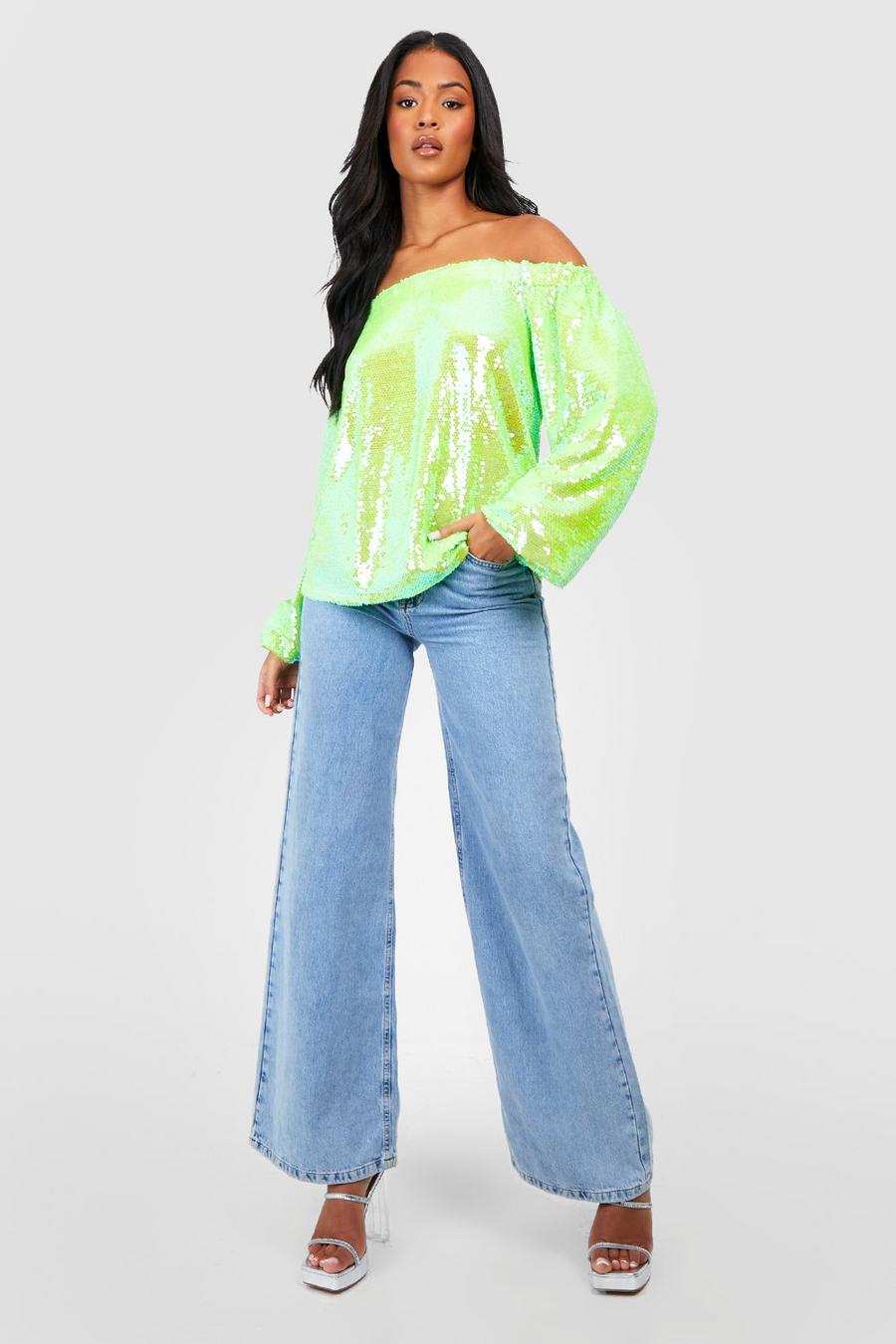 Bright green Tall Off The Shoulder Bright Sequin Top image number 1