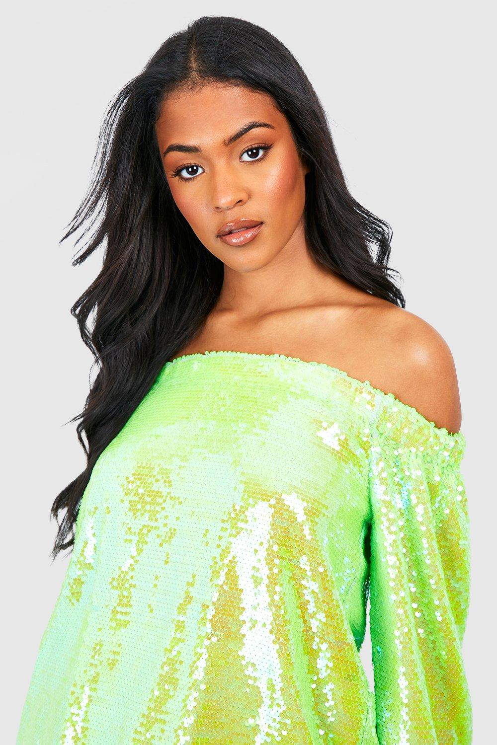 Tall Off The Shoulder Bright Sequin Top | boohoo