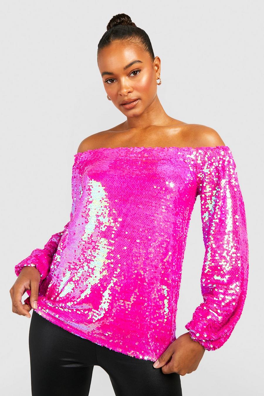 Bright pink Tall Off The Shoulder Bright Sequin Top image number 1