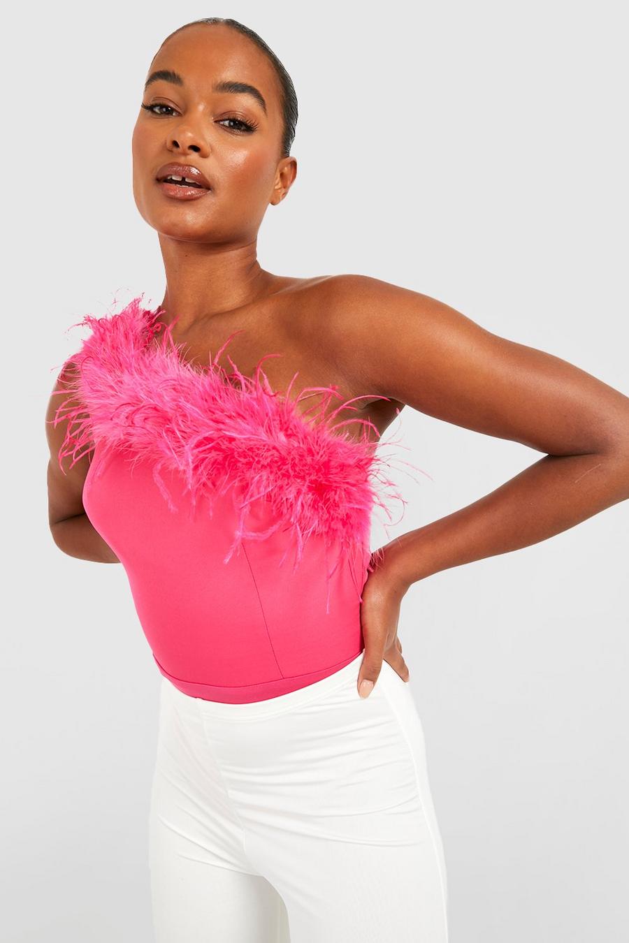 Hot pink Tall Feather One Shoulder Bodysuit image number 1