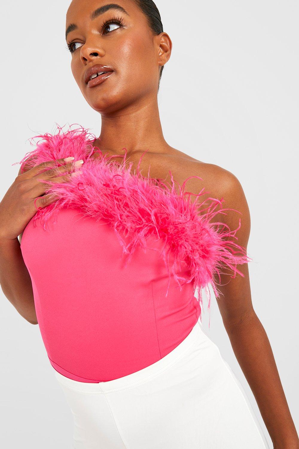 Hot Pink Tall Feather One Shoulder Bodysuit