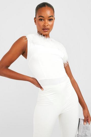 Tall Feather One Shoulder Bodysuit ivory