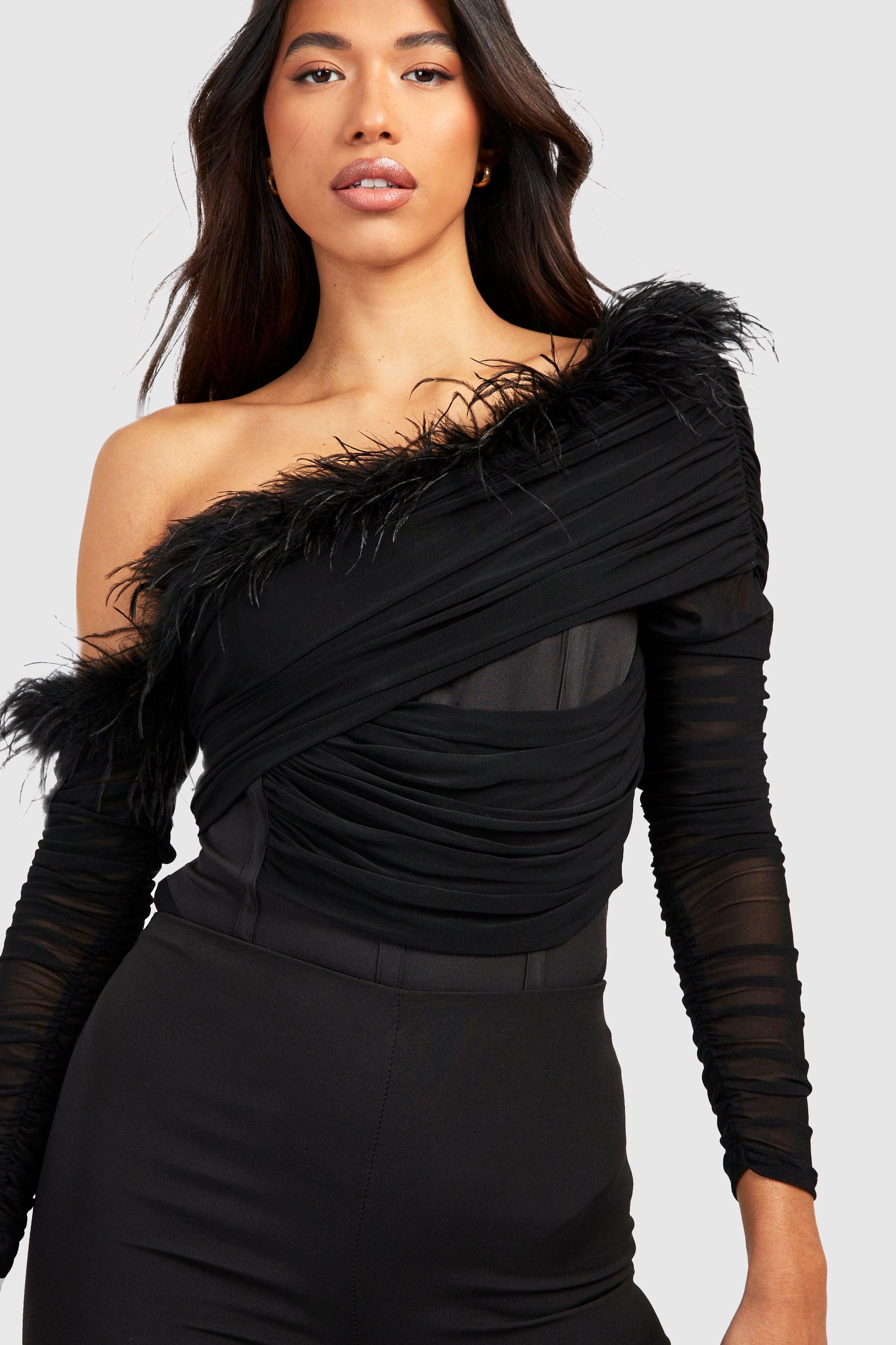 Wedding Bodysuit With Feathers, Bridal Crepe Off-shoulders