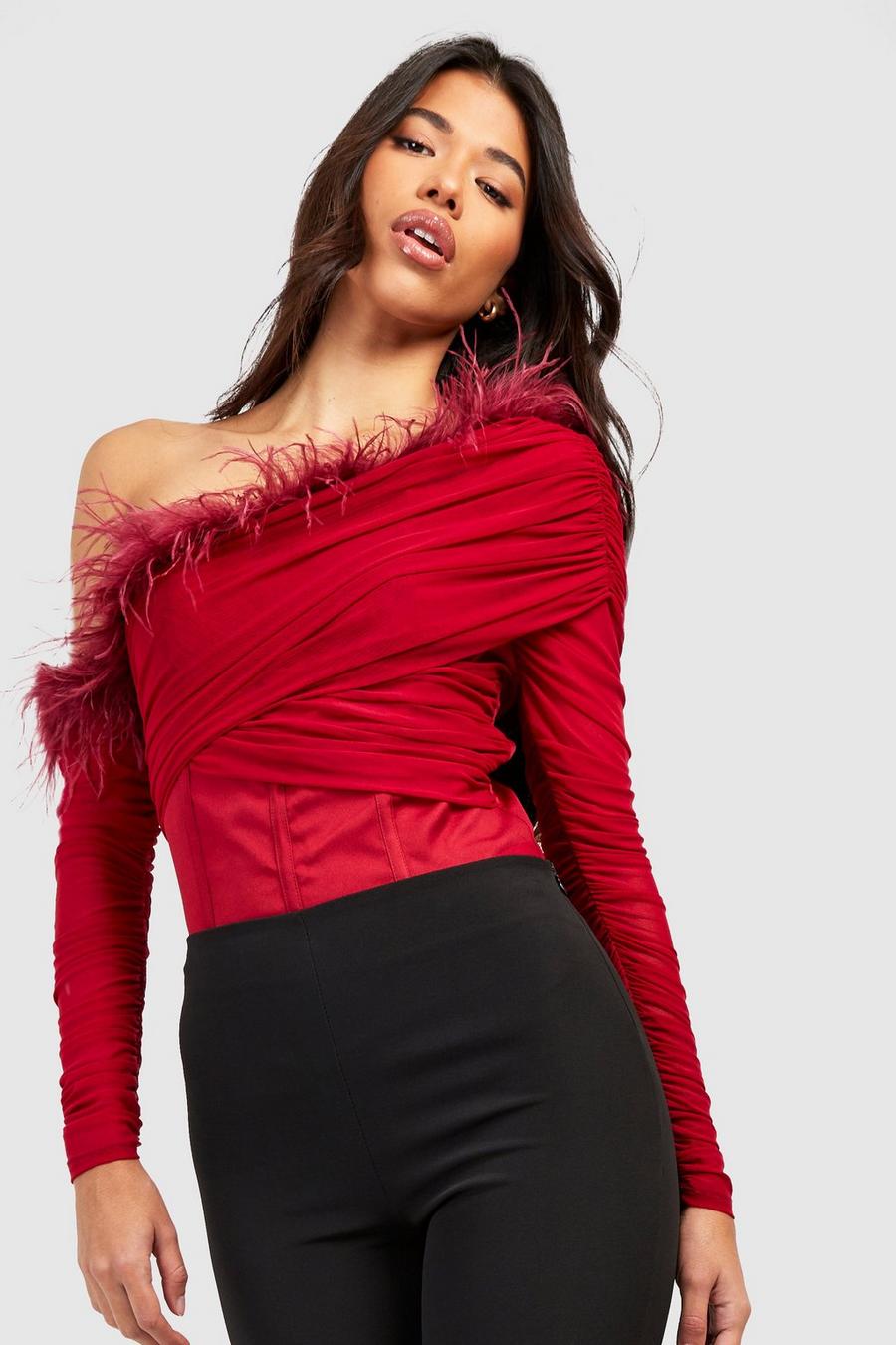 Burgundy red Tall Off The Shoulder Feather Trim Bodysuit