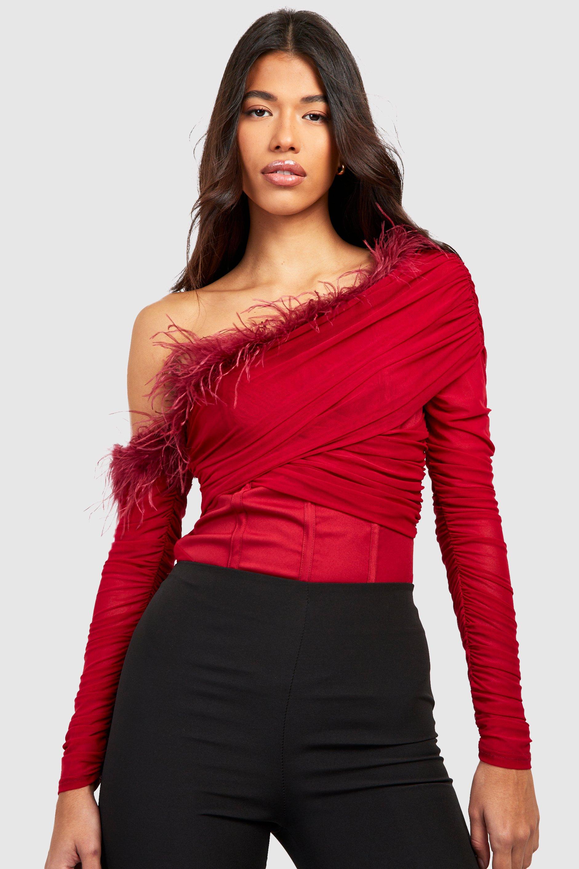 Burgundy Tall Off The Shoulder Feather Trim Bodysuit