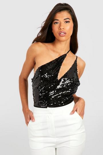 Black Tall Asymmetric Sequin Bodysuit