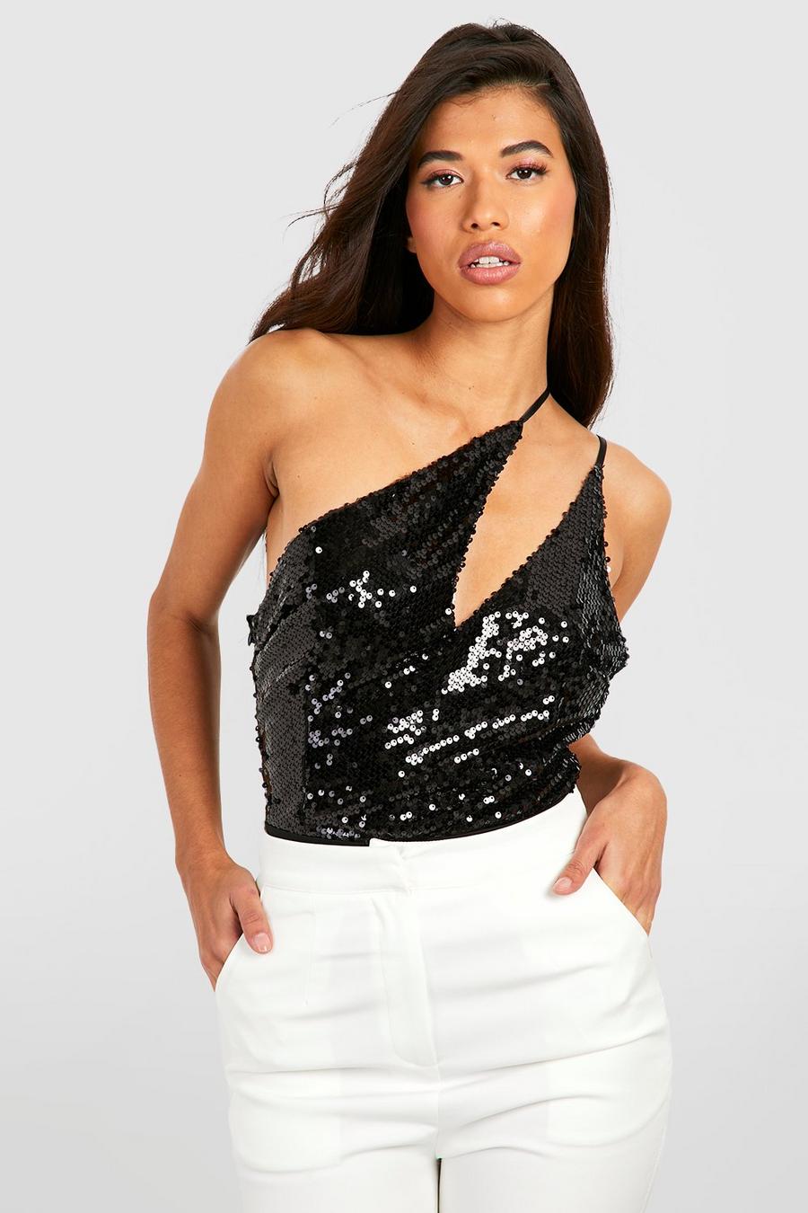 Black Tall Asymmetrische Glitter Bodysuit Met Pailletten  image number 1
