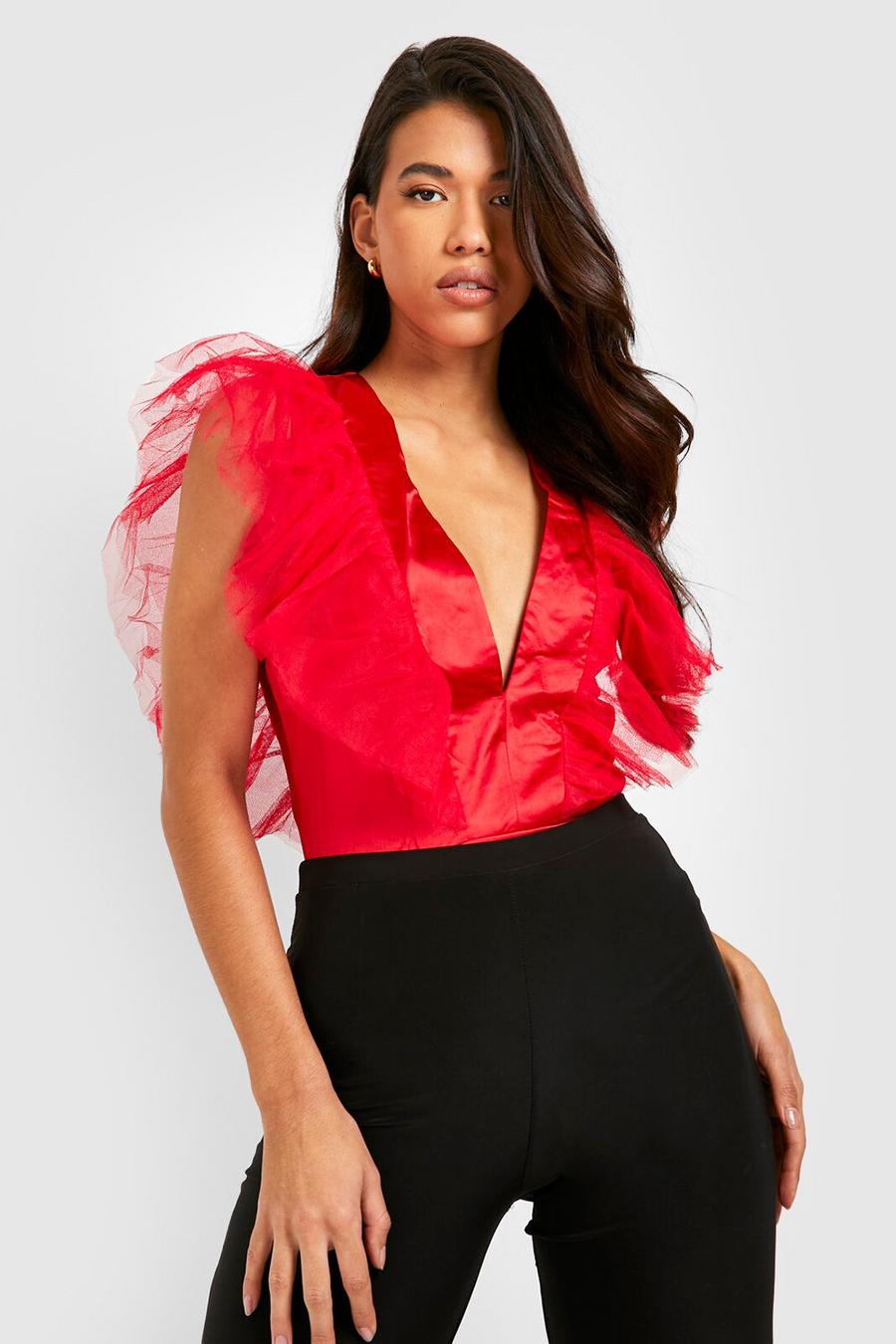 Red Tall Tulle Frill Satin Bodysuit image number 1