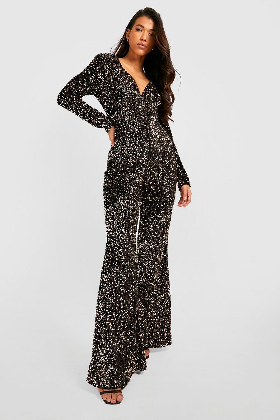 Gold metallizzato Tall Velvet Sequin Flare Jumpsuit image number 1