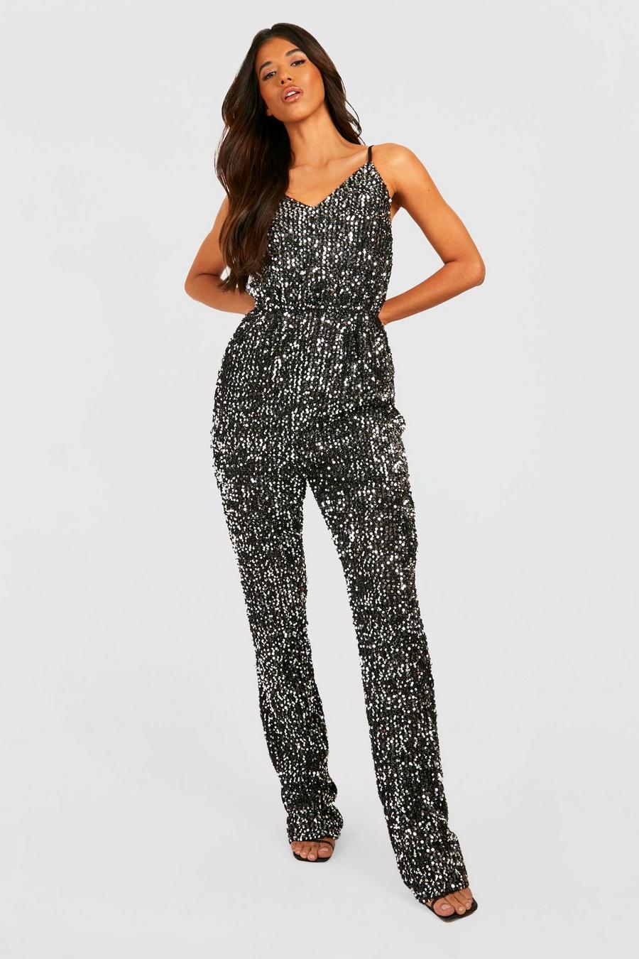 Silver Tall Strappy Sequin Jumpsuit