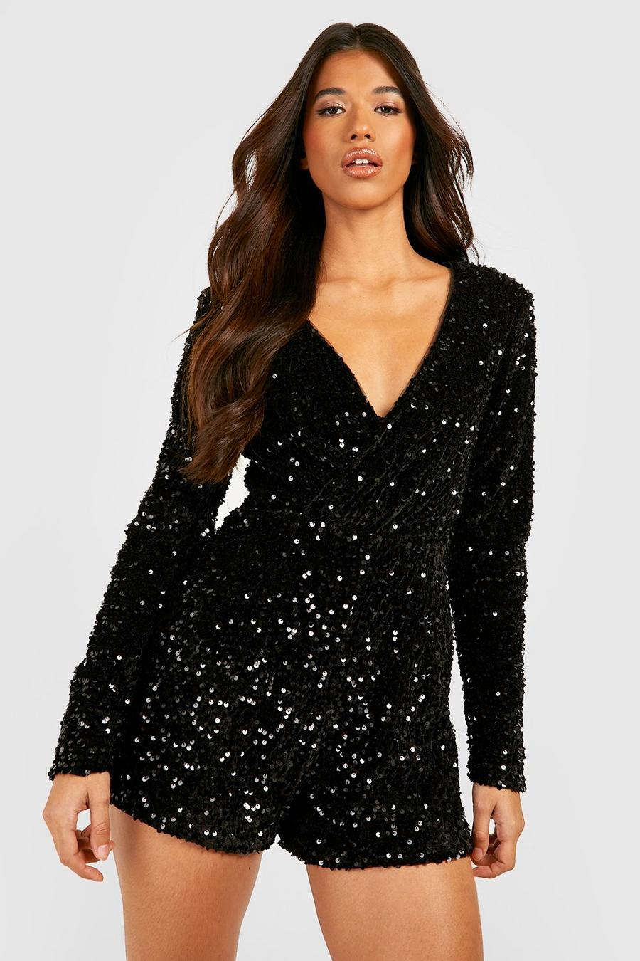 Black Tall Velvet Sequin Belted Romper