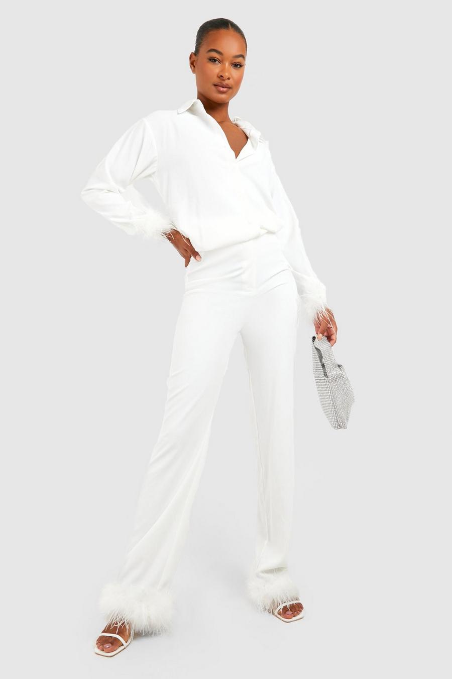 Ivory Tall Feather Trim Pants