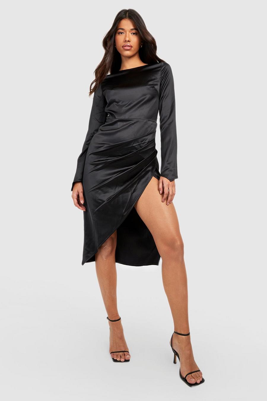 Black Tall Midiklänning i satin med öppen rygg och strass image number 1