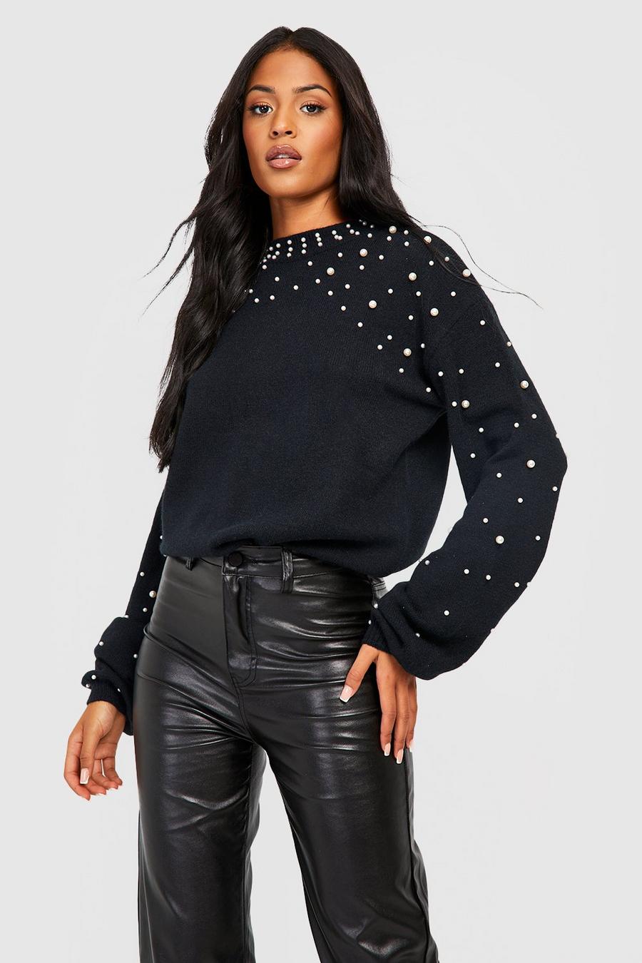 Black Tall Pearl Embellished Knitwear Sweater image number 1