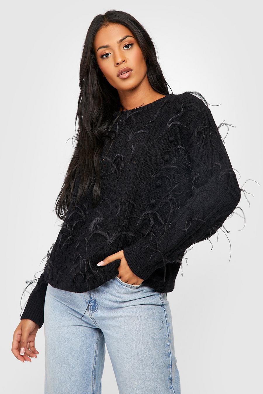 Black Tall Feather Trim Knitted Jumper image number 1