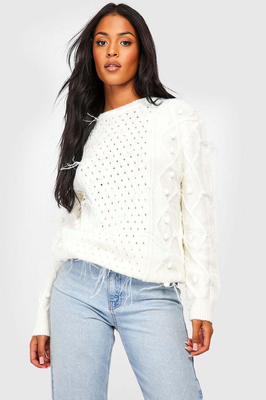 Cream Tall Feather Trim Knitted Jumper