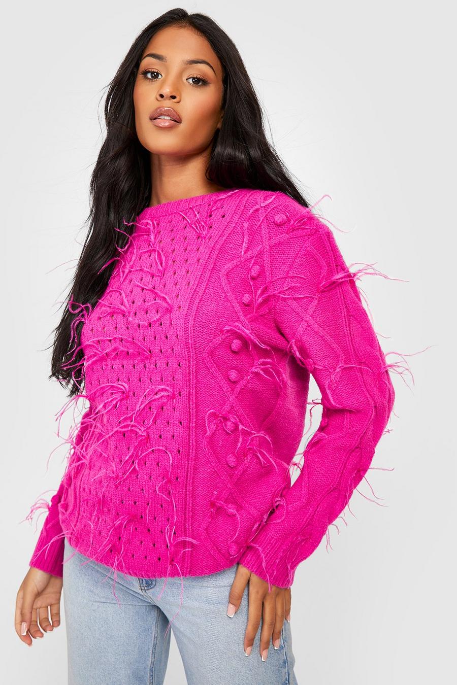 Fuchsia Tall Feather Trim Knitted Jumper image number 1