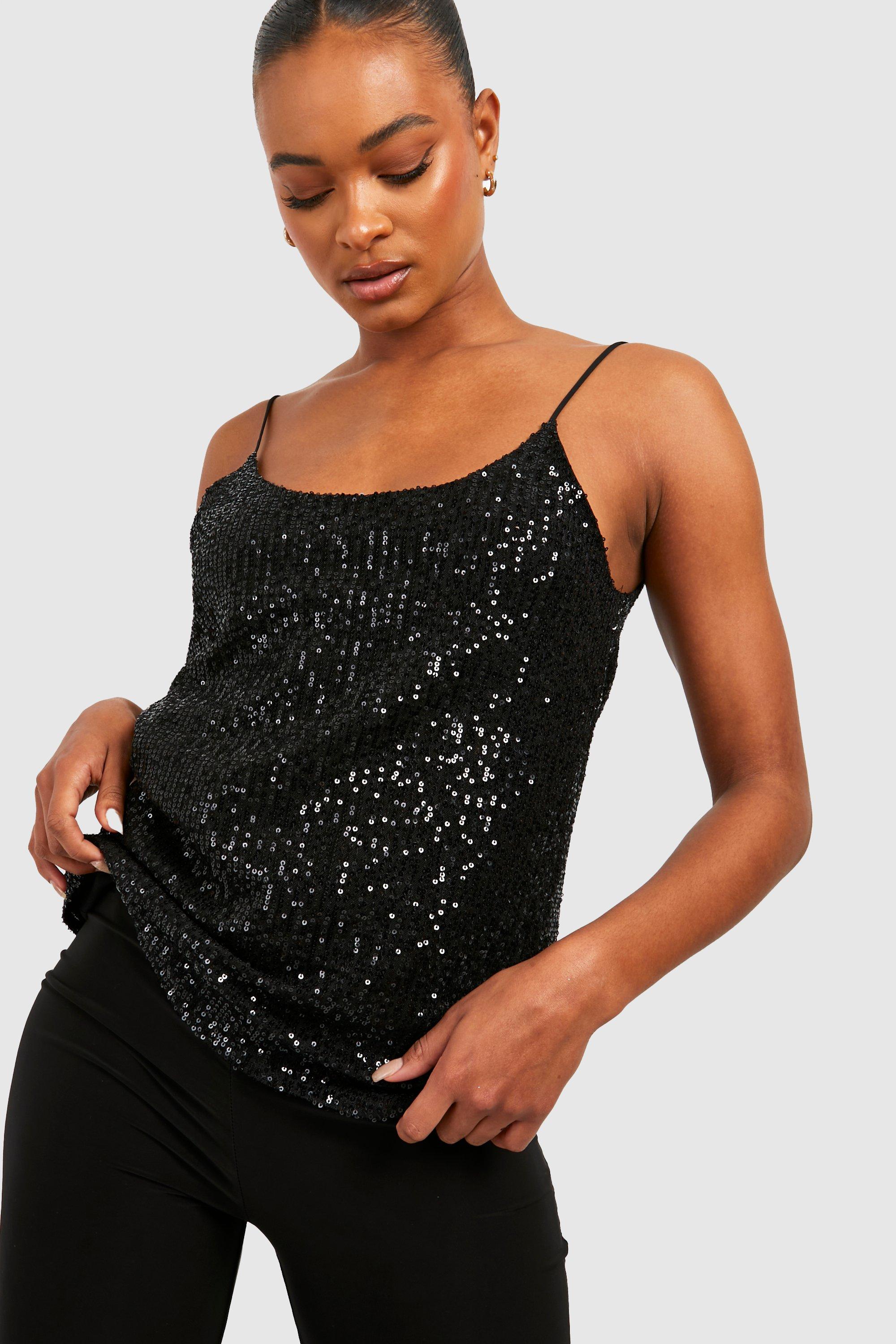 Women's Sequin Cami Vest Top in Black Sequin