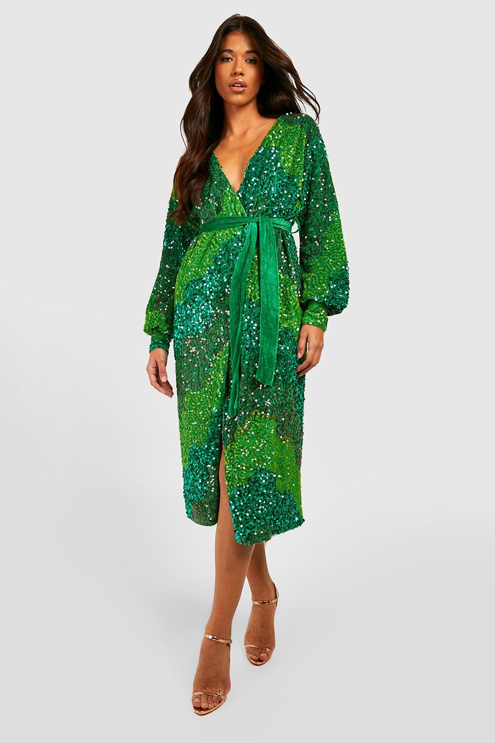 Tall Paneled Sequin Belted Wrap Dress | boohoo USA