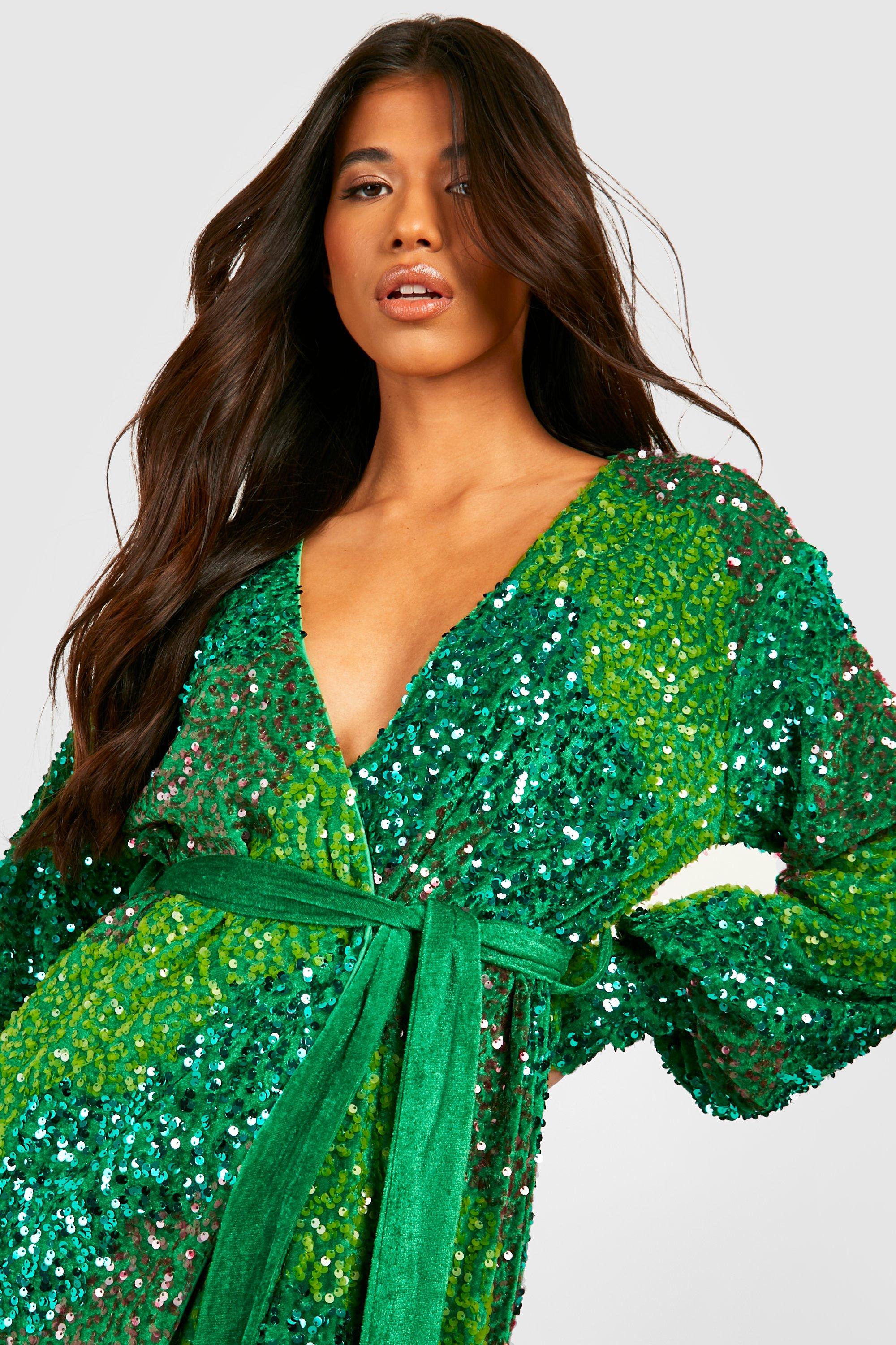 Tall Paneled Sequin Belted Wrap Dress | boohoo USA