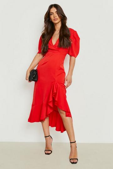 Red Ruffle Puff Sleeve Hi Low Hem Midi Dress